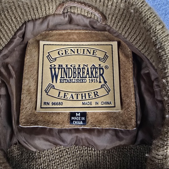 Original Windbreaker Jacket Mens Medium Beige Leather Knit Bomber Zip Striped - Picture 4 of 8